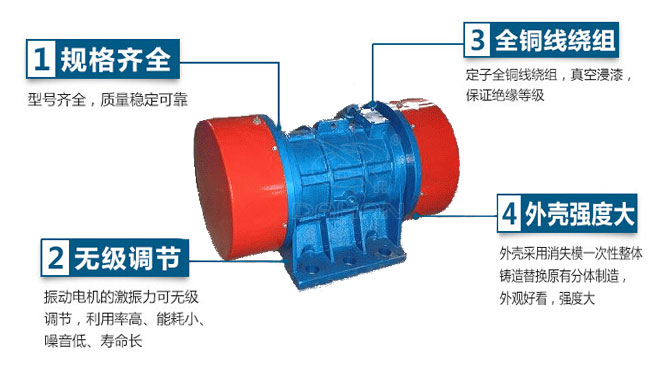 VB振動(dòng)電機(jī)特點(diǎn)：1，規(guī)格齊全：型號(hào)齊全，質(zhì)量穩(wěn)定可靠。2，無極調(diào)節(jié)：振動(dòng)電機(jī)的激振力可無極調(diào)節(jié)，利用率高，能耗小，噪音低，壽命長(zhǎng)。4，外殼輕度大：外殼采用消失模一次性整體鑄造替換原有分體制造，外觀好看，強(qiáng)度大。