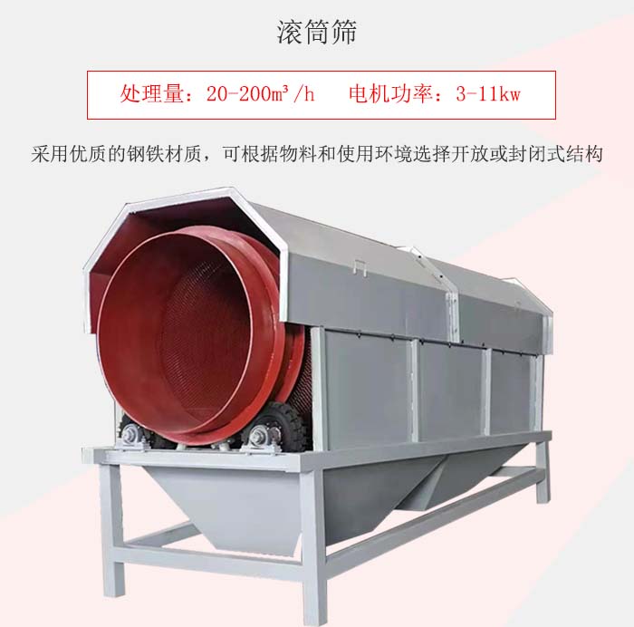滾筒篩采用優(yōu)質(zhì)的鋼鐵材質(zhì)，可根據(jù)物料和使用環(huán)境選擇開(kāi)放或封閉式結(jié)構(gòu)