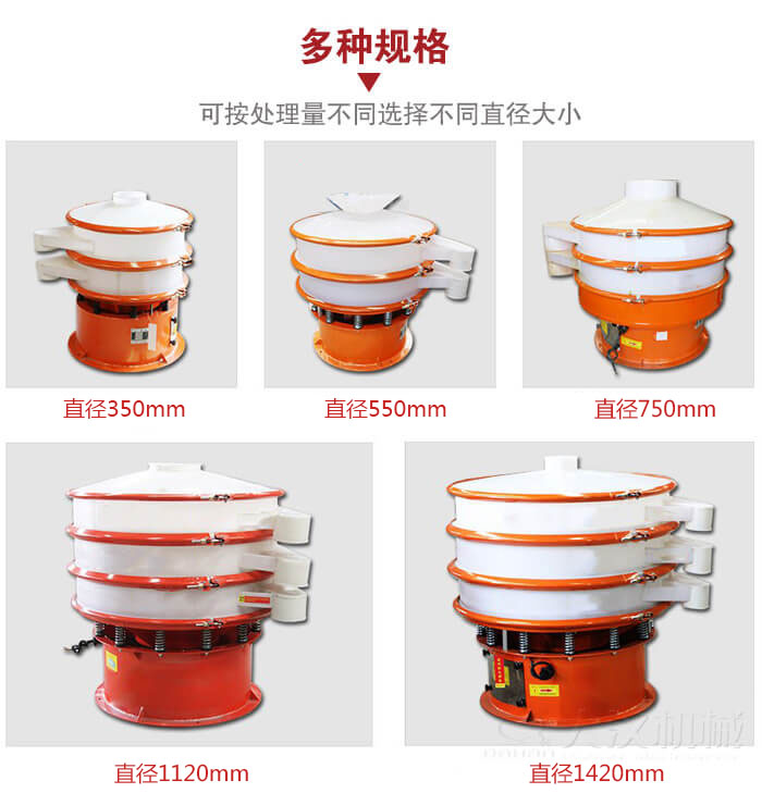 塑料振動篩不同篩分直徑進(jìn)行展示：350，550，750，1120，1420等。