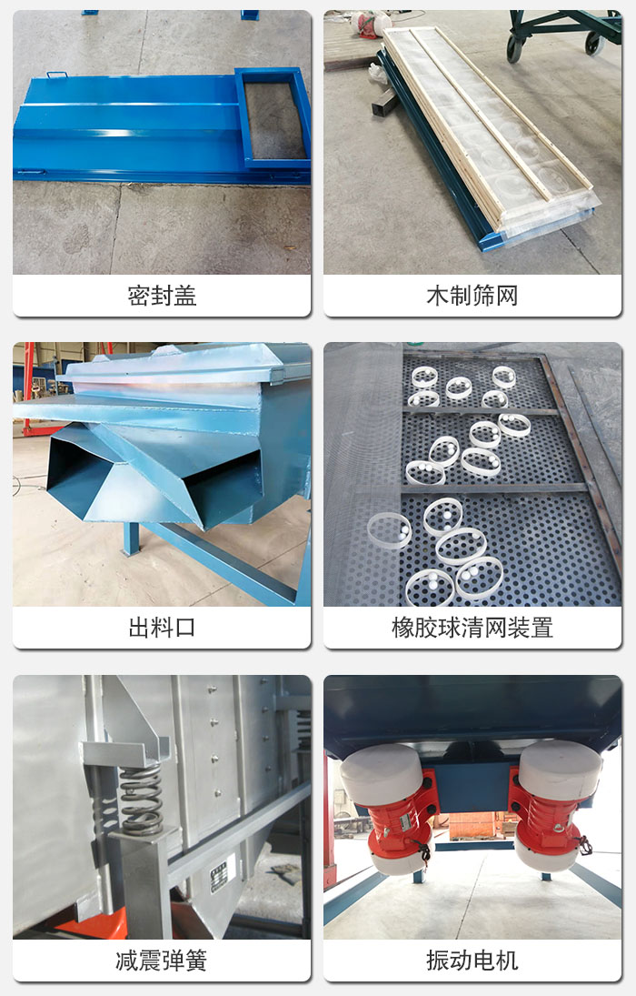 直線篩結(jié)構(gòu)展示：篩網(wǎng)，篩箱，振動(dòng)電機(jī)，振動(dòng)電機(jī)座，減震彈簧，支架等部件展示圖