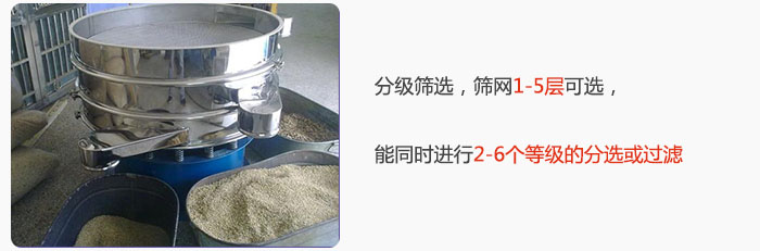 分級篩選，可篩1至5層篩網(wǎng)，能同時(shí)進(jìn)行2至6個(gè)等級的分選或過濾
