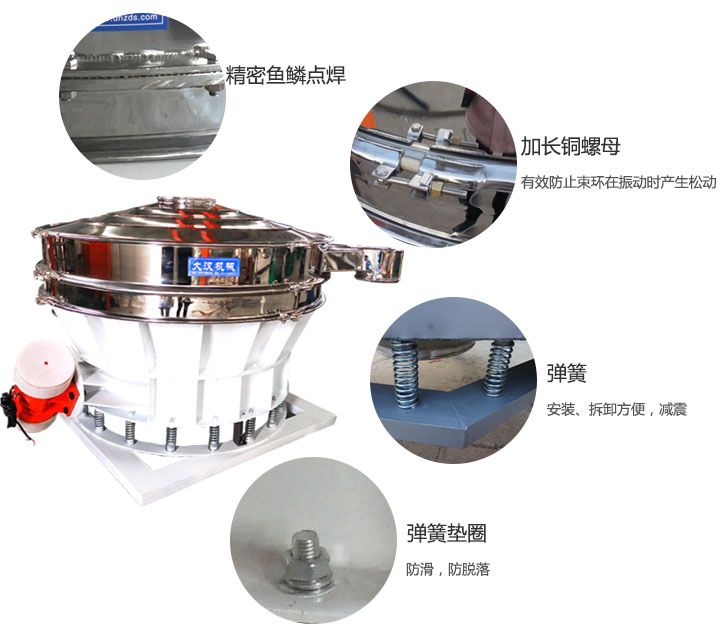 1500直排篩細(xì)節(jié)展示：彈簧，彈簧墊圈，加長銅螺母。