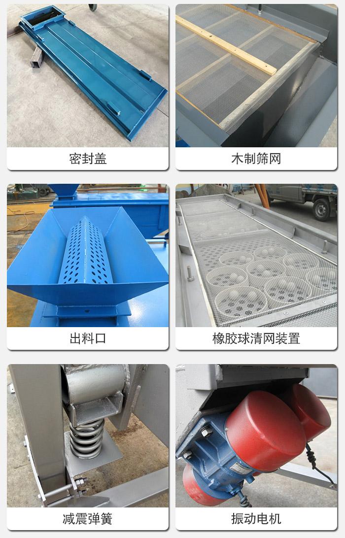 直線篩分機(jī)的結(jié)構(gòu)展示圖：篩箱是物料主要篩分設(shè)備之一，篩網(wǎng)用于篩分物料，振動電機(jī)幫助篩網(wǎng)篩分。