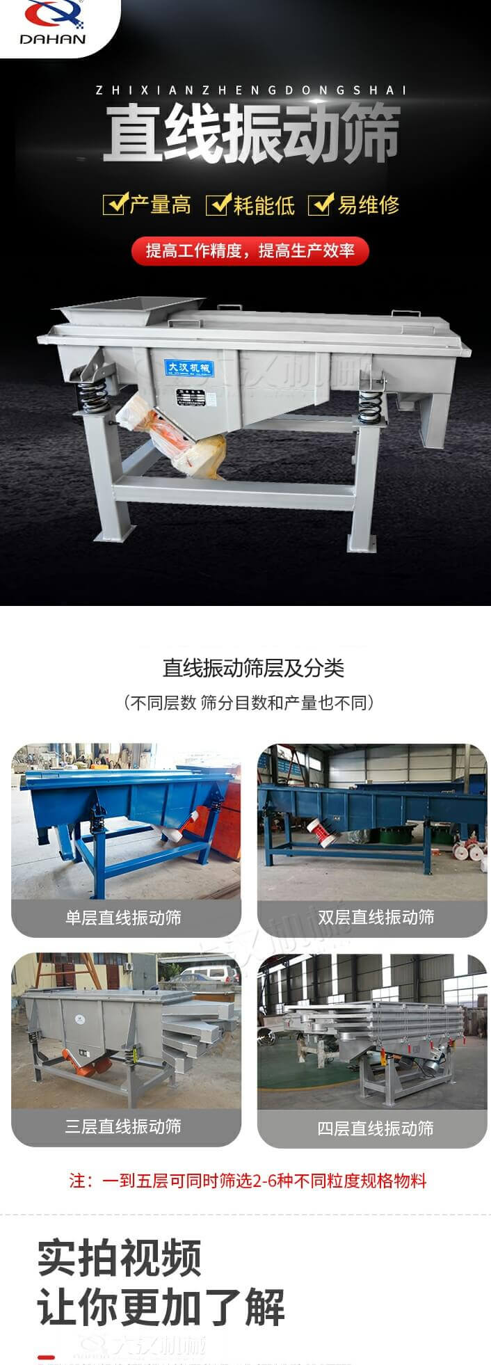 直線振動(dòng)篩概述，產(chǎn)量高，耗能低，易維修，提高工作精度，提高生產(chǎn)效率，直線振動(dòng)篩層級(jí)分類：不同層數(shù)，篩分目數(shù)和產(chǎn)量也不同：?jiǎn)螌樱p層，三層，四層等。