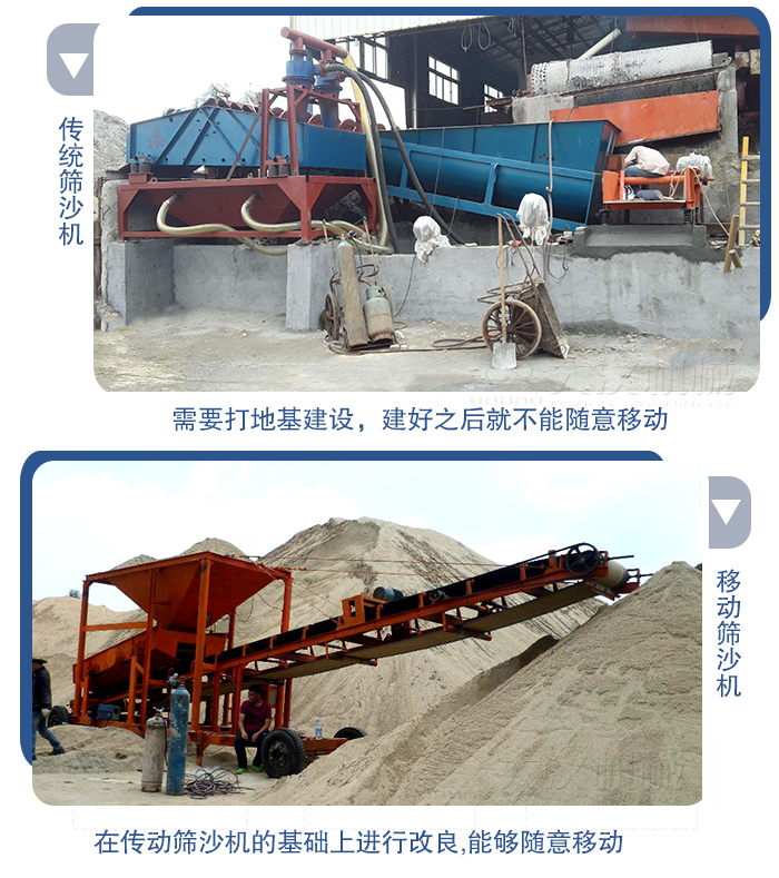 移動(dòng)的篩沙機(jī)在安裝前需要打地基，而固定完畢后就不能隨意的移動(dòng)，而移動(dòng)篩沙機(jī)不需要打地并且隨時(shí)能夠進(jìn)行移動(dòng)。
