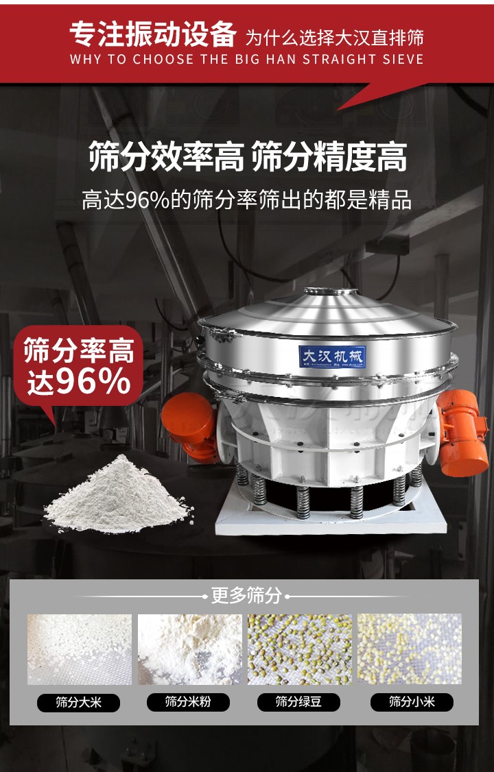 直排篩適用物料有面粉，淀粉，洗衣粉，金屬粉，添加劑，化工，非礦等行業(yè)。
