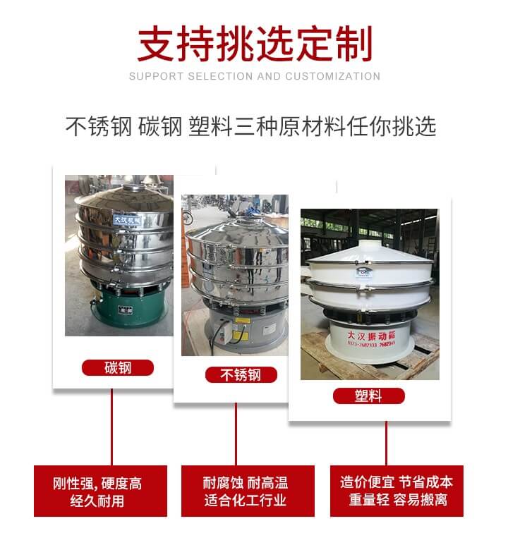 旋振篩可配置一到四層的篩網(wǎng)。旋振篩的篩分效率高，篩分精度高，篩分率高達(dá)96%。