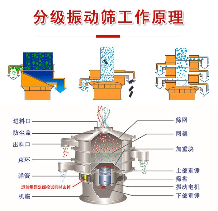 分級振動篩內(nèi)部結(jié)構(gòu)：進料口，防塵蓋，出料口，束環(huán)，彈簧，機座，篩網(wǎng)，網(wǎng)架，上部重錘，振動電機，下部重錘。