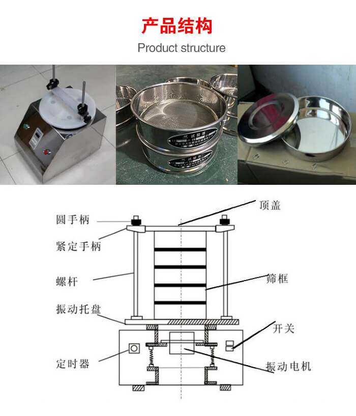 實(shí)驗(yàn)室振動篩-試驗(yàn)篩結(jié)構(gòu)主要由：圓手柄，緊定手柄，螺桿，振動托盤，篩框，頂蓋等。